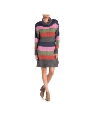 𝅺New-Solutions Cowl Neck, Color Block, Ultra Soft, Relax Knit Sweater Dress MD